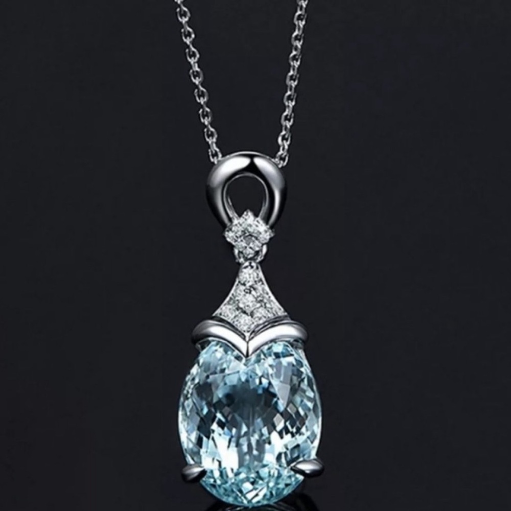 NEW Silver Aquamarine Diamond Necklace